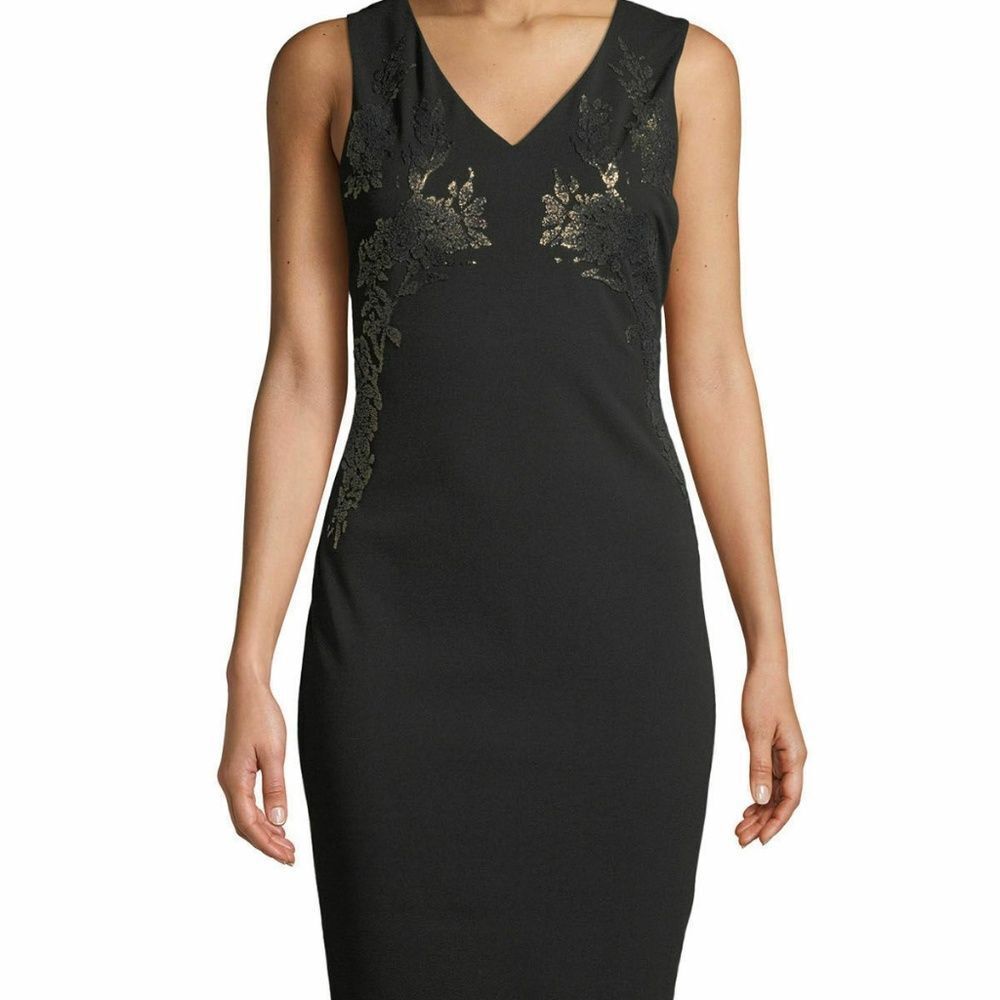 Calvin Klein Black Embroidered V Neck‎ Sheath Dress Size 10 - Picture 6 of 8